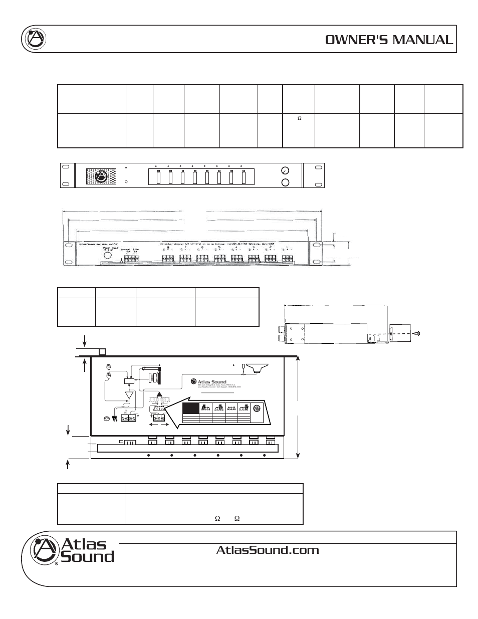Owner's manual, Specifications, Led display | Audio outputs, Mvxa series multi-amplified monitor panel, Front view, Side view, Top view, Rear view (terminal cover not shown), Terminal cover shown detached) 9.5 | Atlas Sound MVXA User Manual | Page 8 / 8
