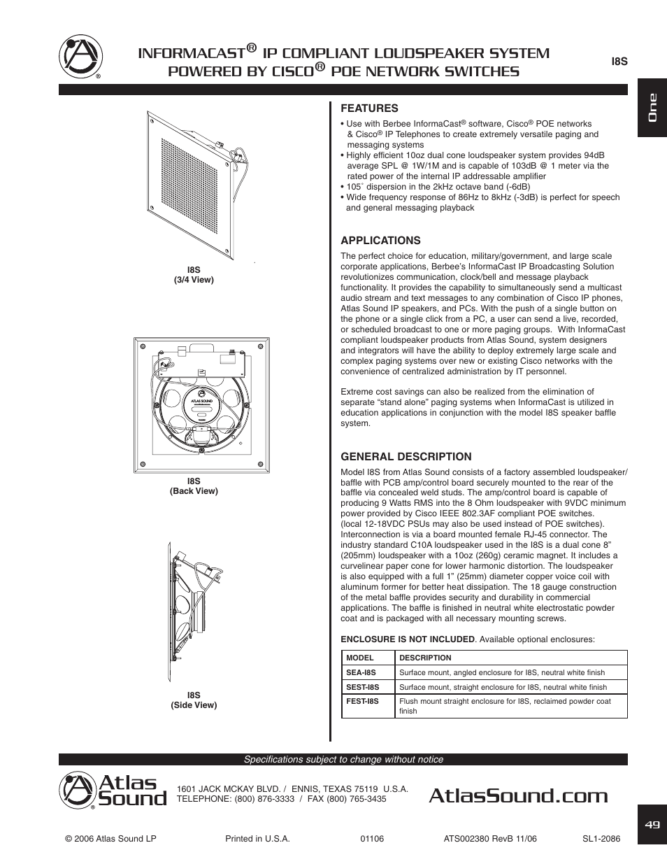 Atlas Sound FEST-IH User Manual | 2 pages