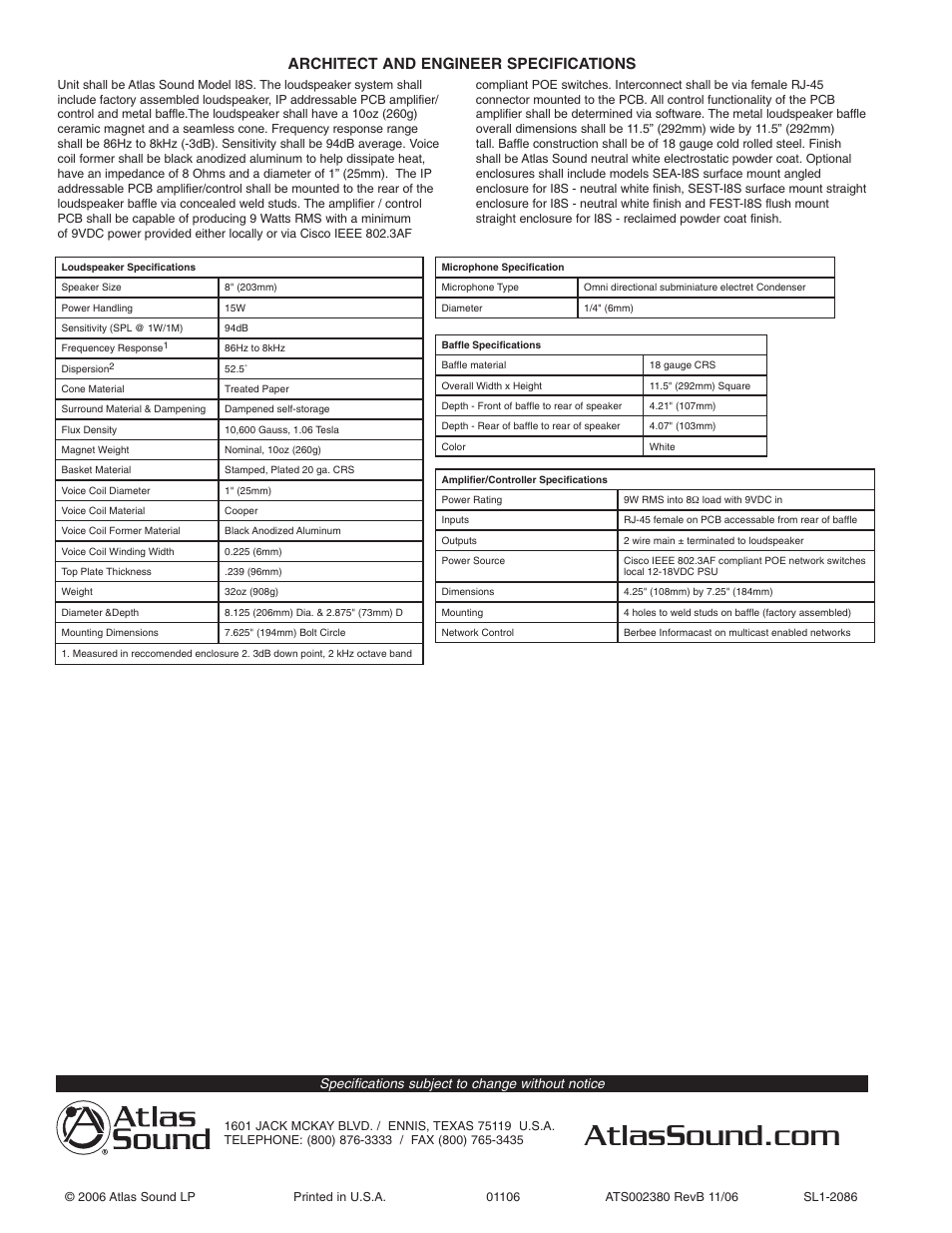 Architect and engineer specifications | Atlas Sound FEST-IH User Manual | Page 2 / 2