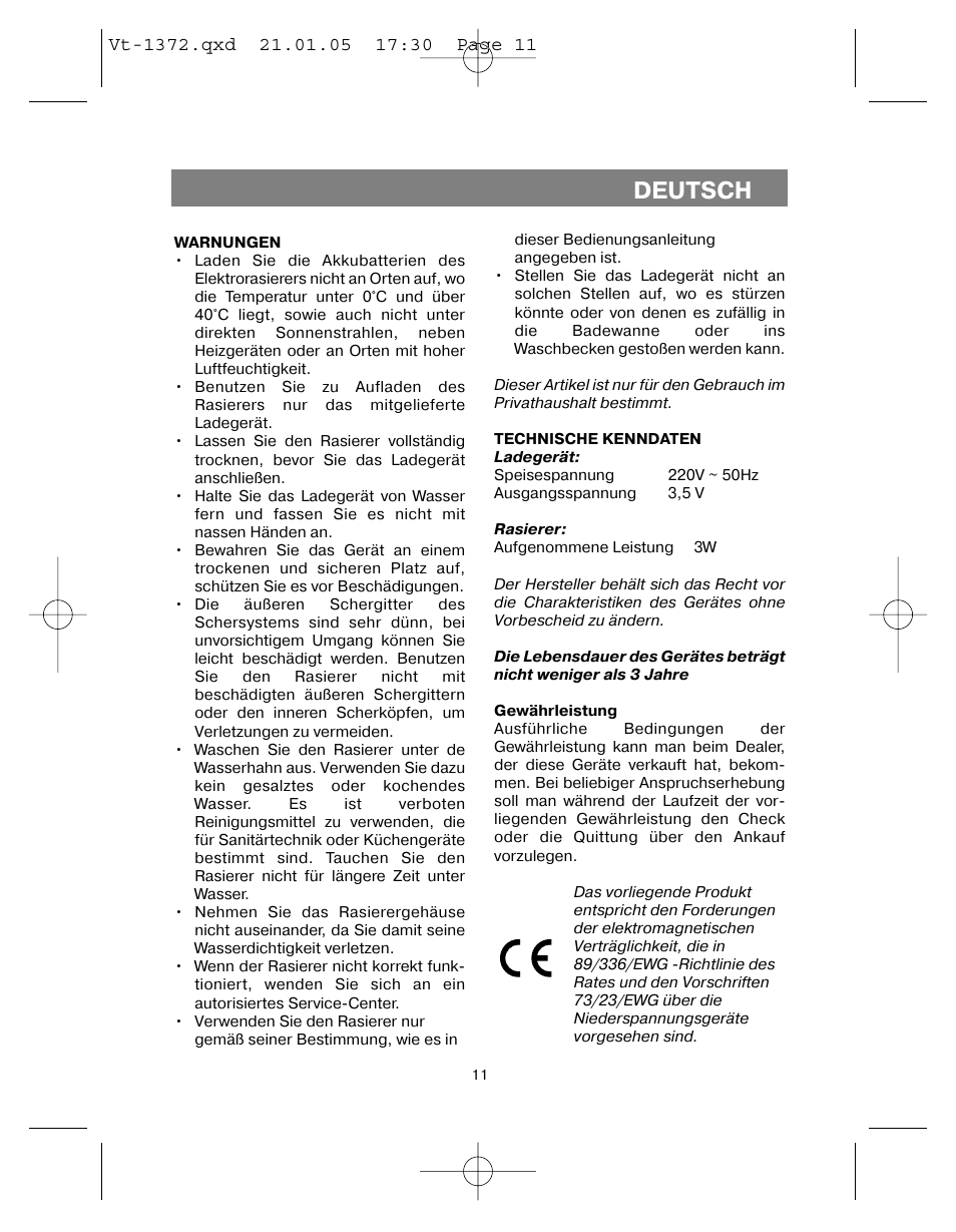 Deutsch | Vitek VT-1372 User Manual | Page 11 / 48