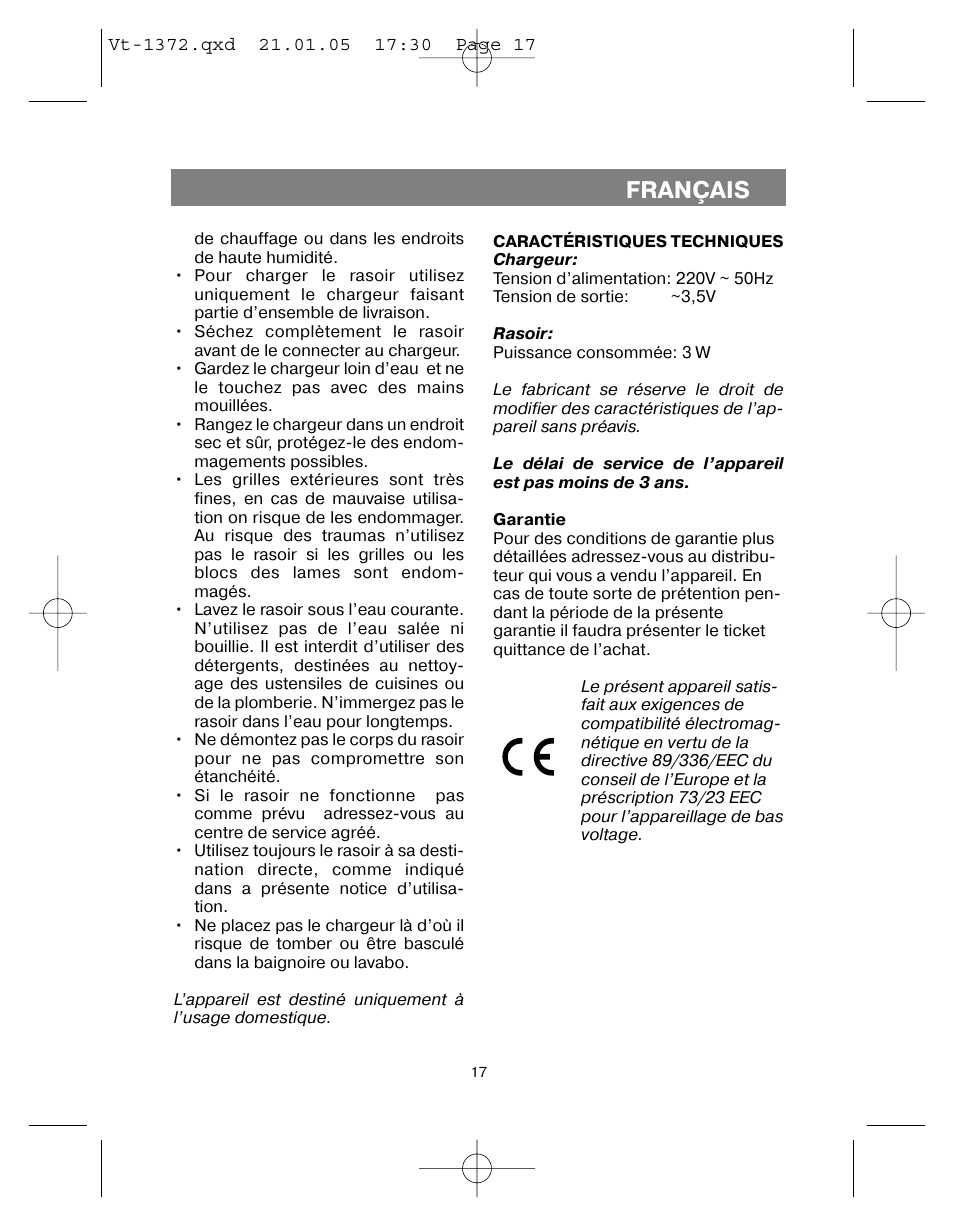 Français | Vitek VT-1372 User Manual | Page 17 / 48