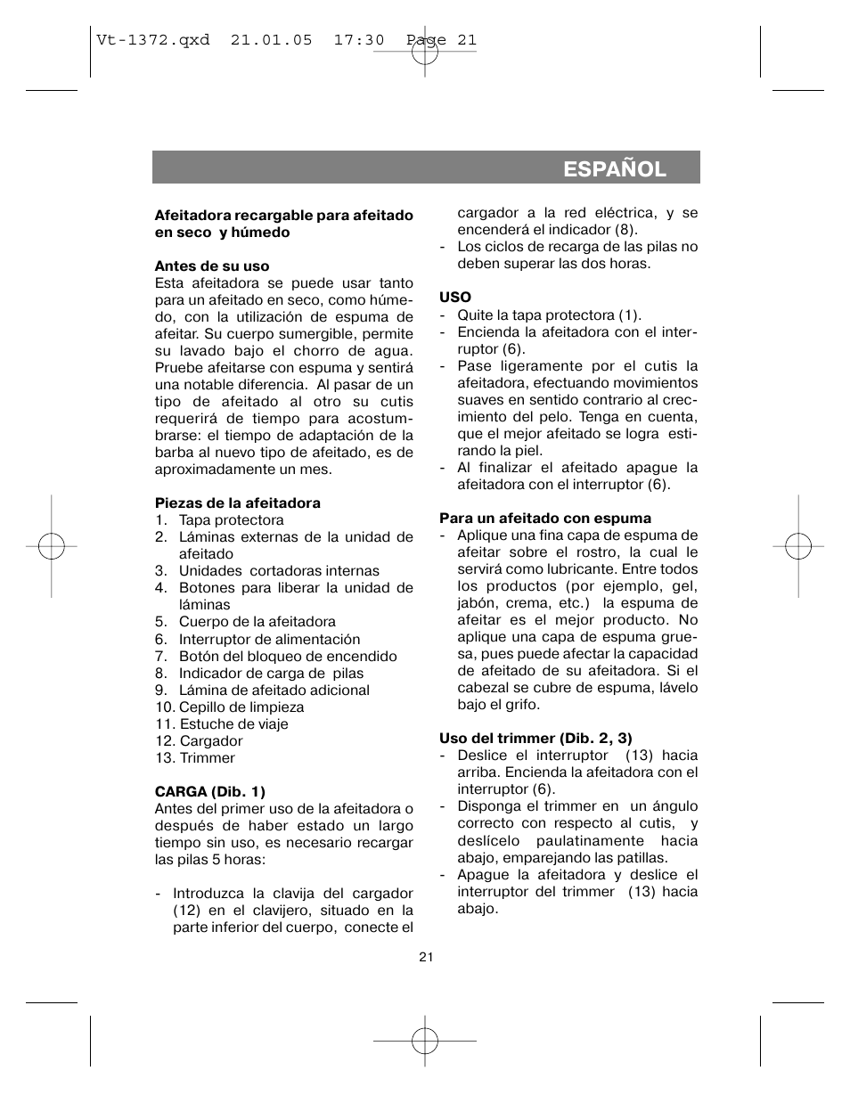 Español | Vitek VT-1372 User Manual | Page 21 / 48