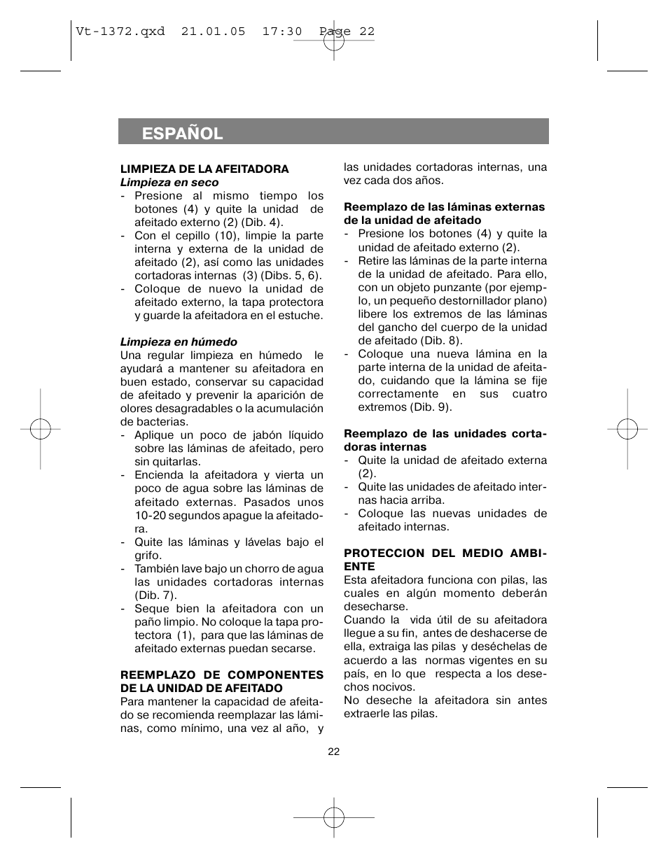 Español | Vitek VT-1372 User Manual | Page 22 / 48