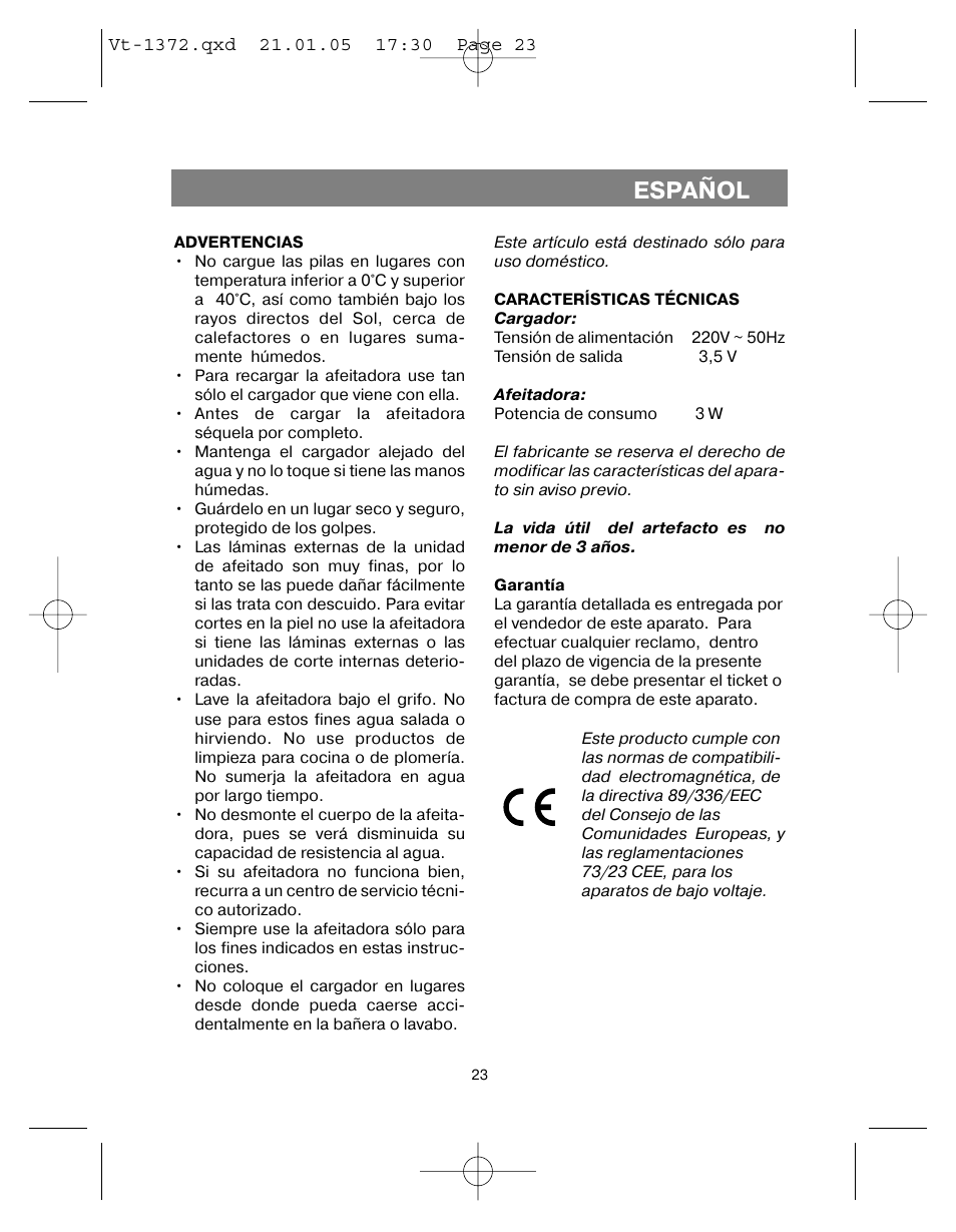 Español | Vitek VT-1372 User Manual | Page 23 / 48