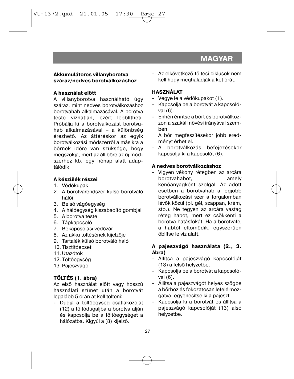 Magyar | Vitek VT-1372 User Manual | Page 27 / 48