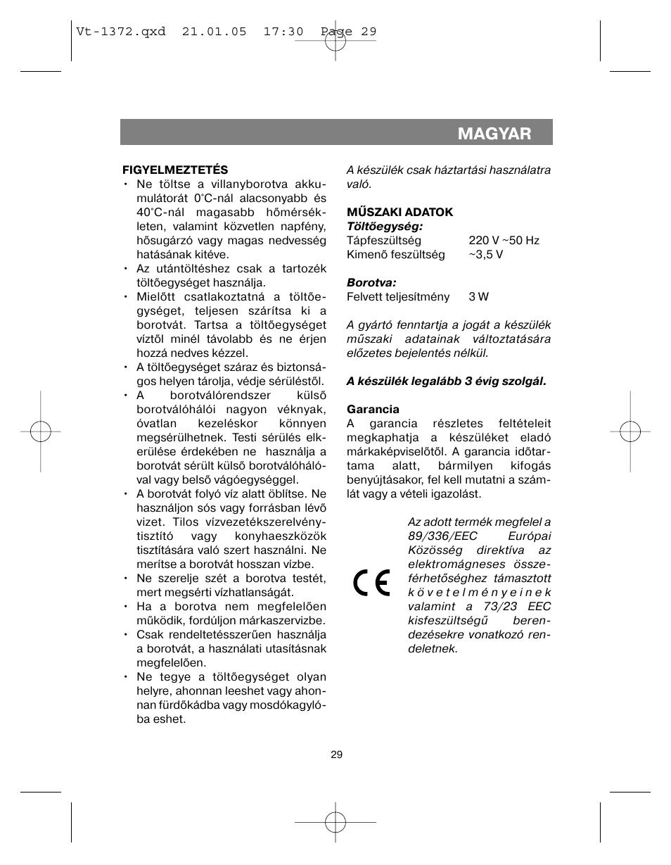 Magyar | Vitek VT-1372 User Manual | Page 29 / 48