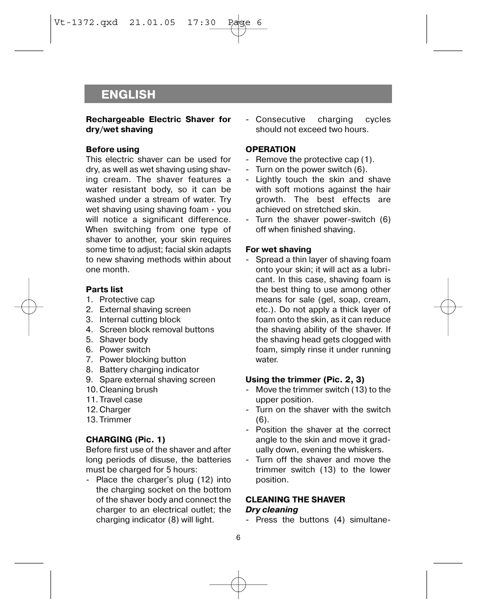 English | Vitek VT-1372 User Manual | Page 6 / 48