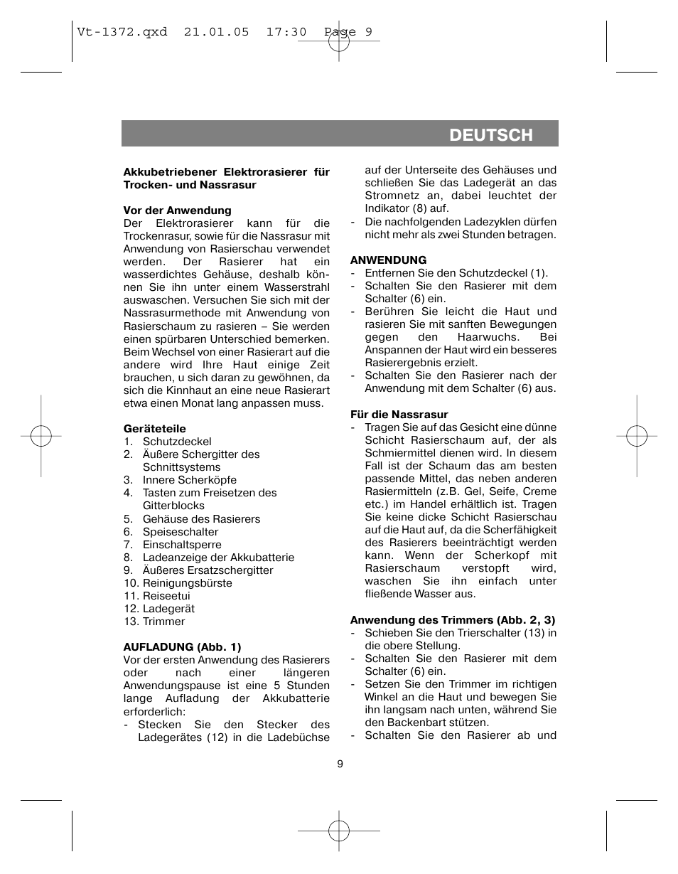 Deutsch | Vitek VT-1372 User Manual | Page 9 / 48