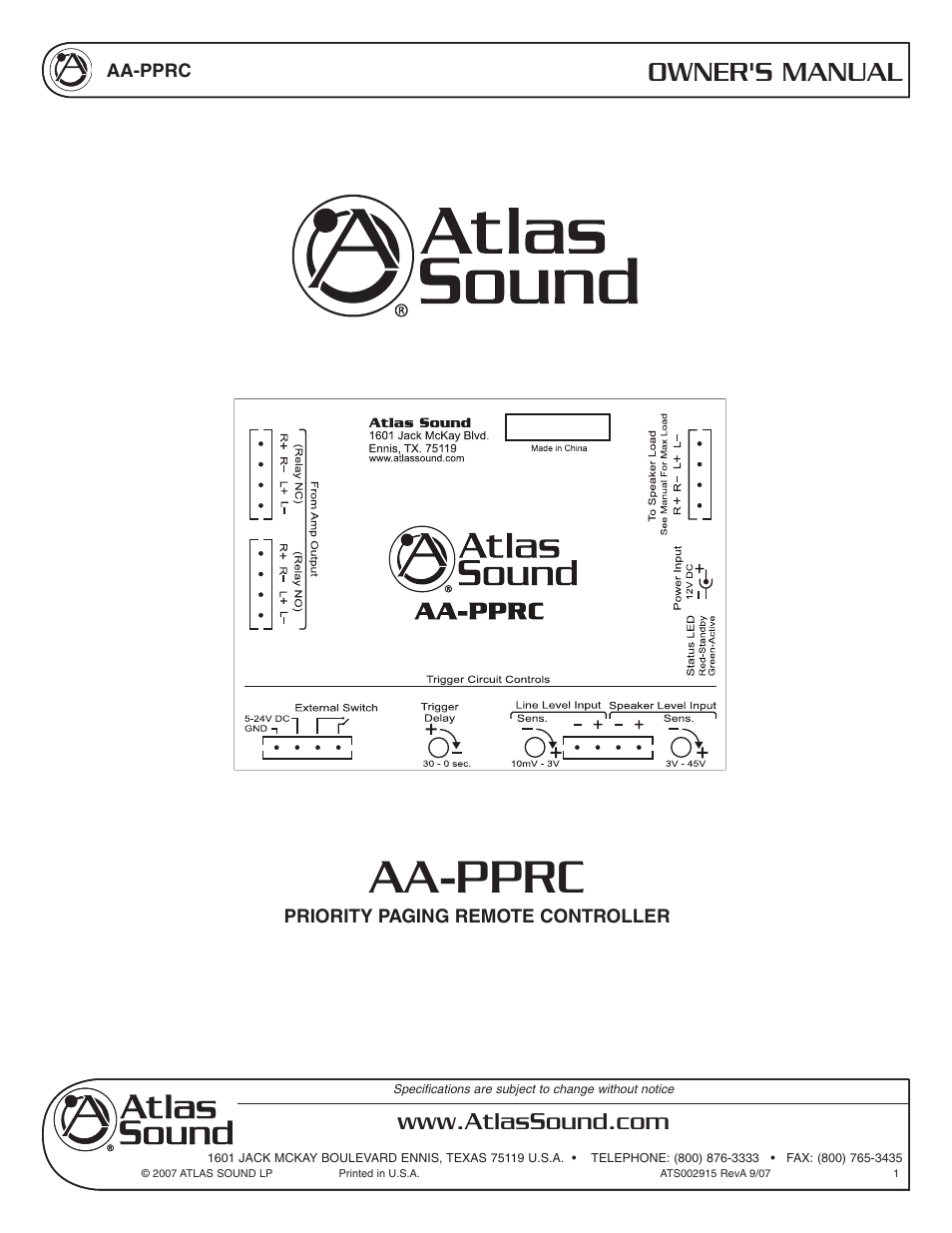 Atlas Sound AA-PPRC User Manual | 8 pages