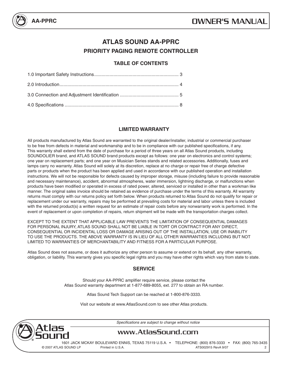 Owner's manual, Atlas sound aa-pprc | Atlas Sound AA-PPRC User Manual | Page 2 / 8