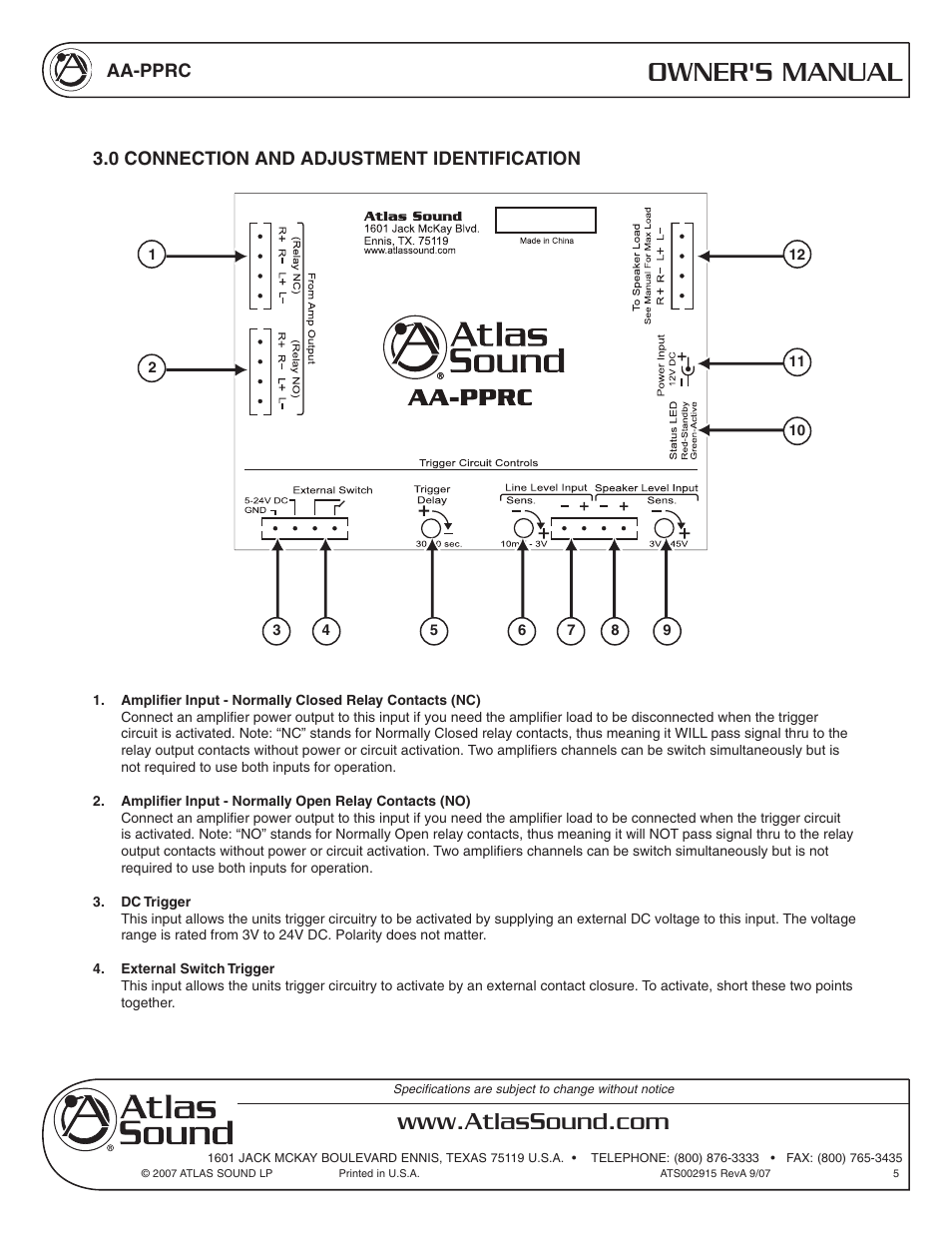 Owner's manual | Atlas Sound AA-PPRC User Manual | Page 5 / 8