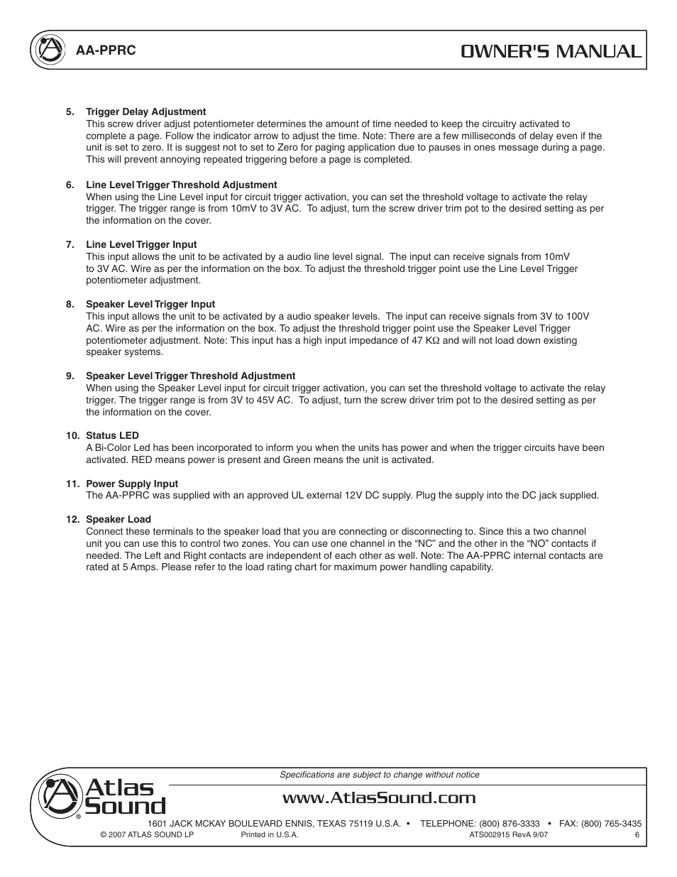 Owner's manual, Aa-pprc | Atlas Sound AA-PPRC User Manual | Page 6 / 8