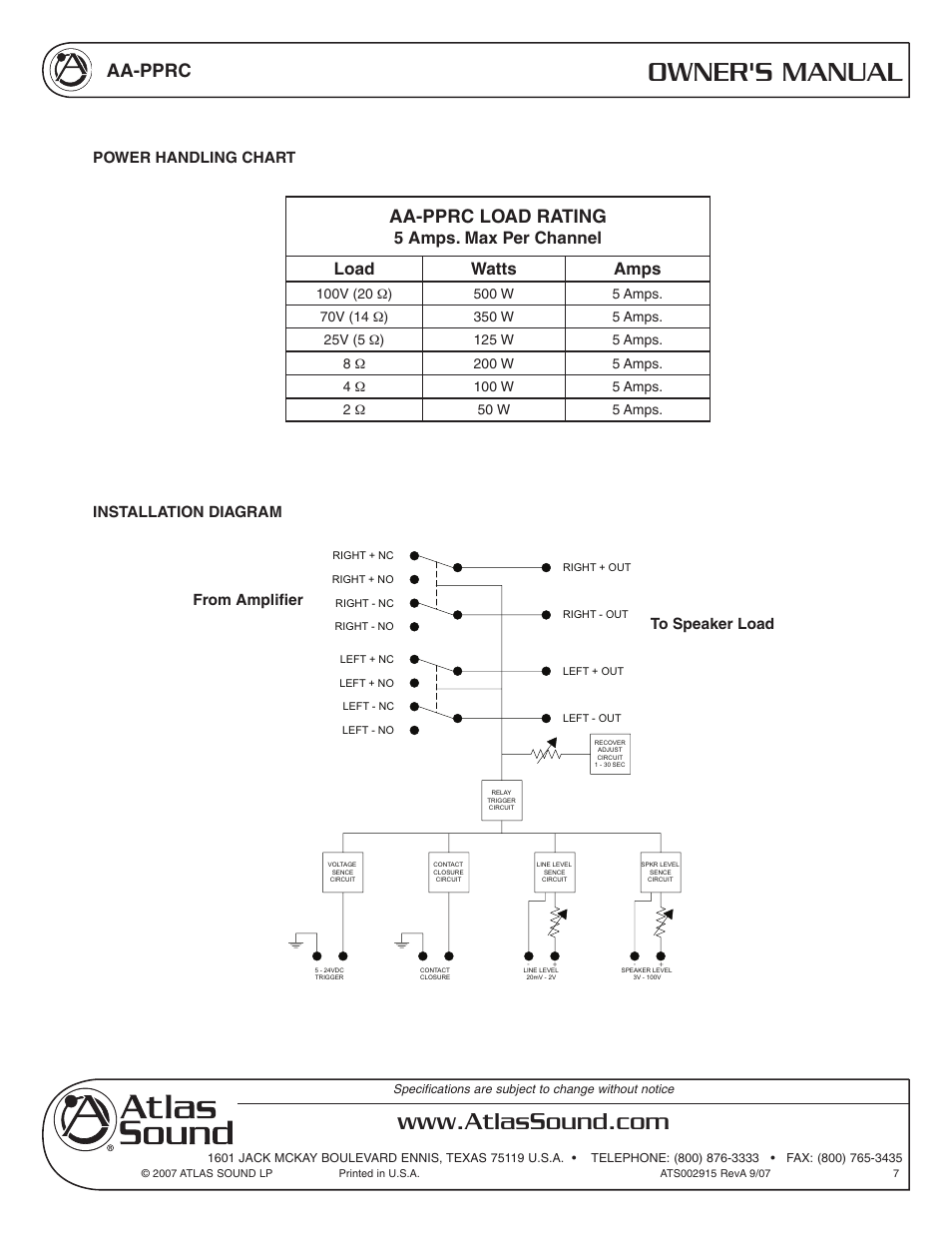Owner's manual, Aa-pprc, Aa-pprc load rating | 5 amps. max per channel load watts amps | Atlas Sound AA-PPRC User Manual | Page 7 / 8