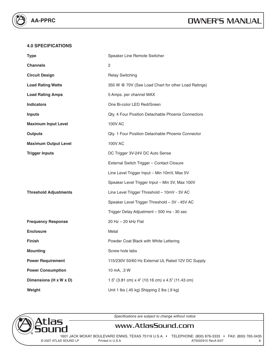 Owner's manual, Aa-pprc | Atlas Sound AA-PPRC User Manual | Page 8 / 8