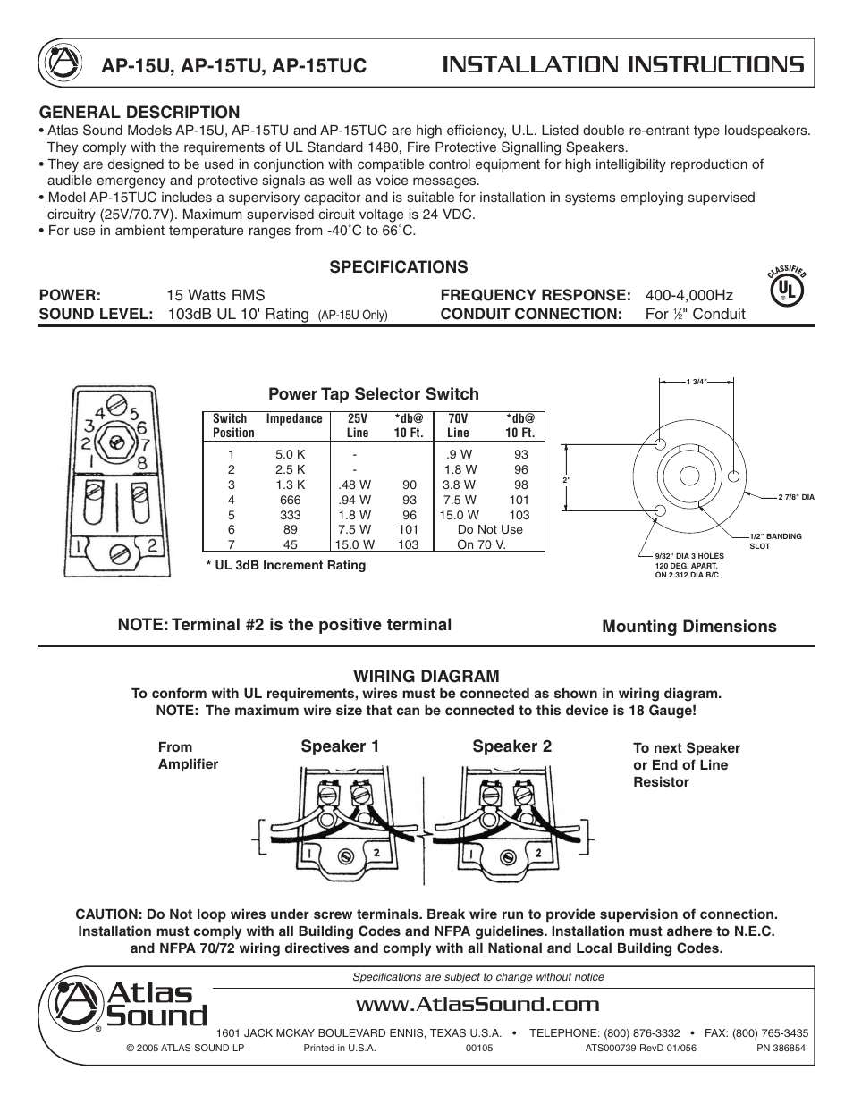 Atlas Sound AP-15U User Manual | 1 page