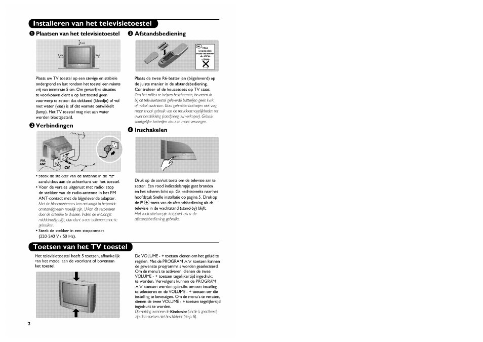 Installeren van het televisietoestel, Toetsen van het tv toestel, Installeren van het televisietoestel о | Plaatsen van het televisietoestel, Afstandsbediening, Verbindingen, Inschakelen | Philips Stereo-TV User Manual | Page 28 / 76