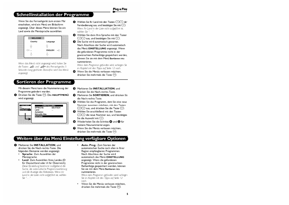 Schnellinstallation der programme, Sortieren der programme | Philips Stereo-TV User Manual | Page 43 / 76