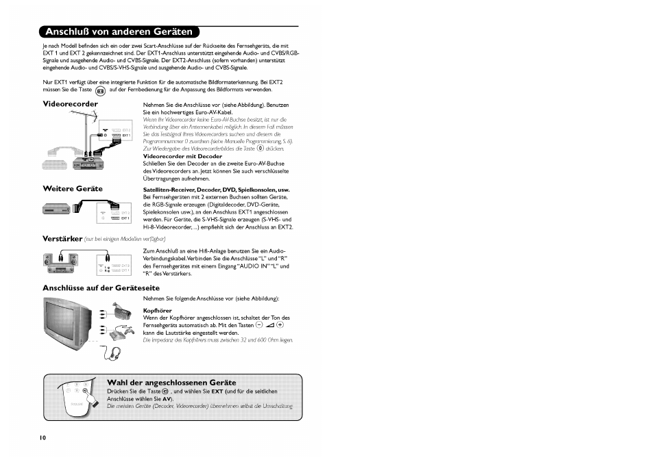 Anschluß von anderen geräten, Videorecorder weitere geräte, Anschlüsse auf der geräteseite | Wahl der angeschlossenen geräte | Philips Stereo-TV User Manual | Page 48 / 76