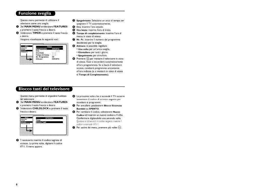 Funzione sveglia, Blocco tasti del televisore | Philips Stereo-TV User Manual | Page 58 / 76