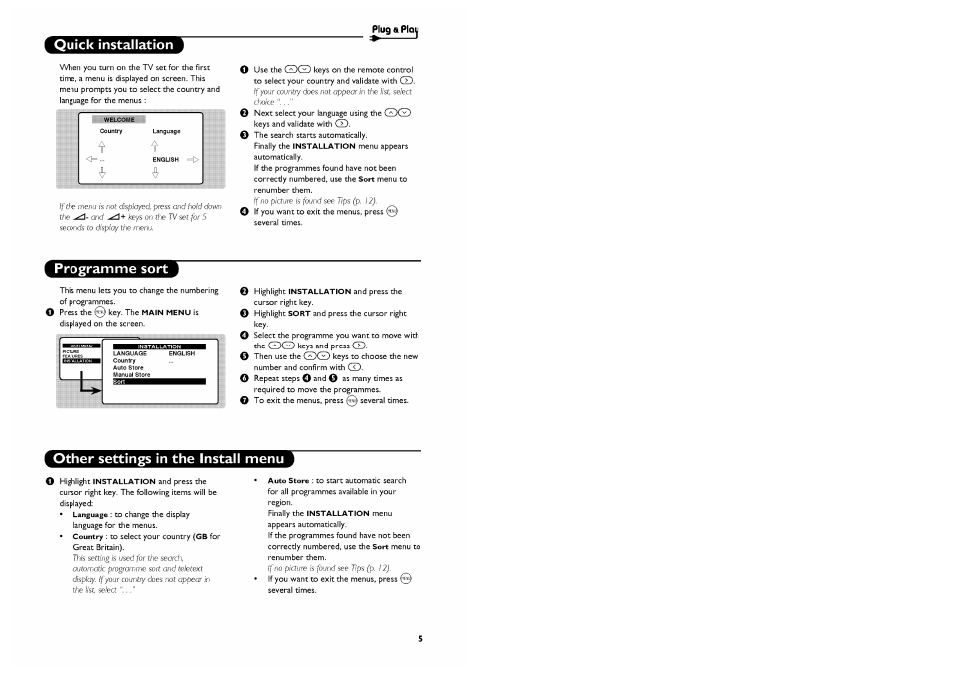 Quick installation, Programme sort, Other settings in the install menu | Philips Stereo-TV User Manual | Page 7 / 76