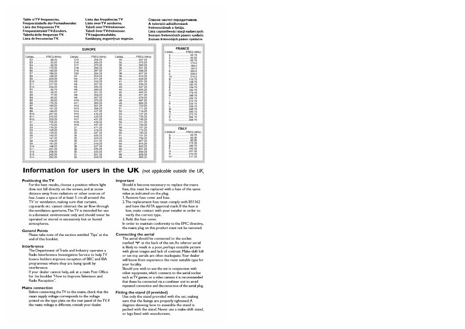 Information for users in the uk, Not applicable outside the uk), Positioning the tv | General points, Interference, Mains connection, Important, Connecting the aerial, Fitting the stand (if provided), Катоаоуод | Philips Stereo-TV User Manual | Page 75 / 76