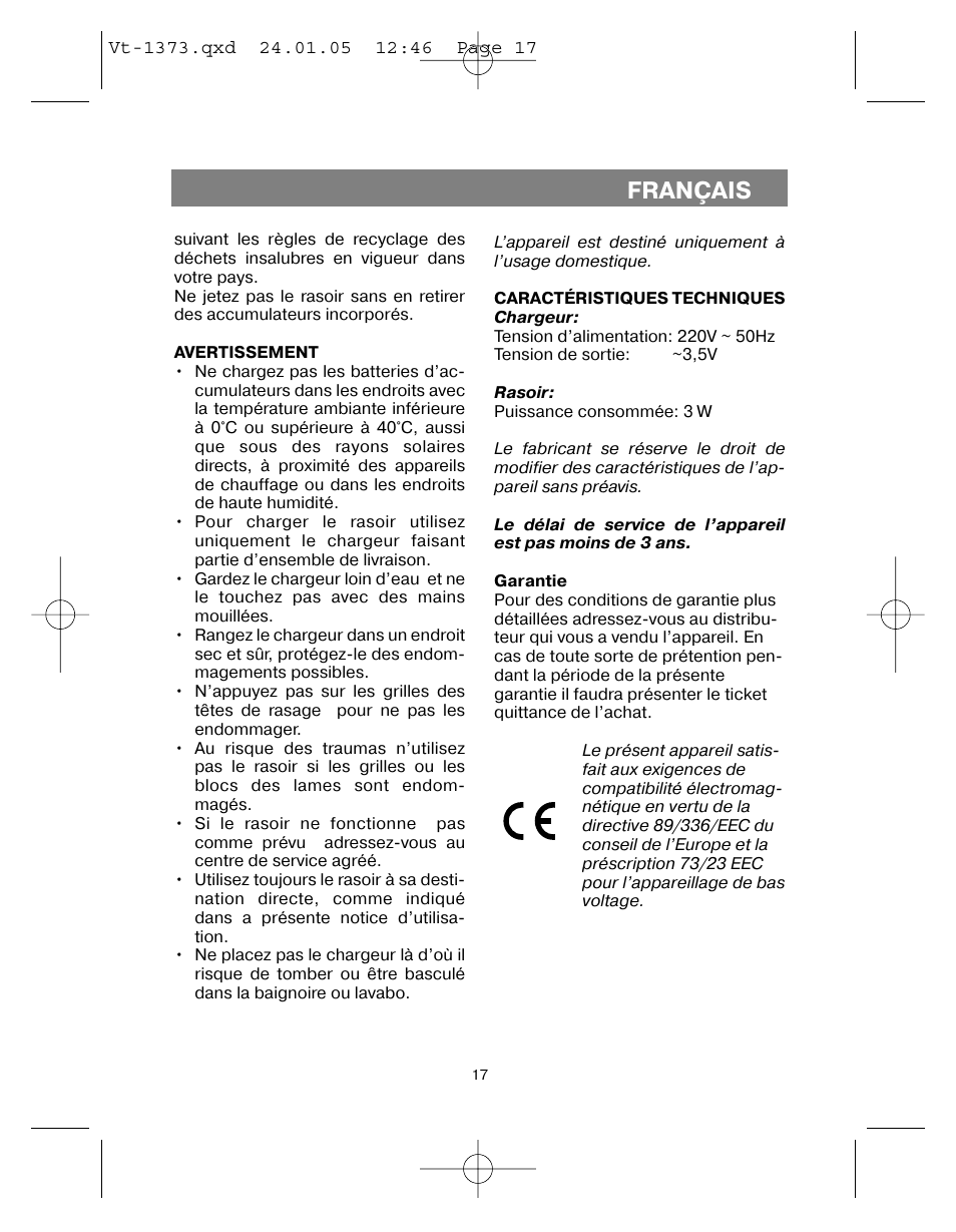 Français | Vitek VT-1373 User Manual | Page 17 / 48