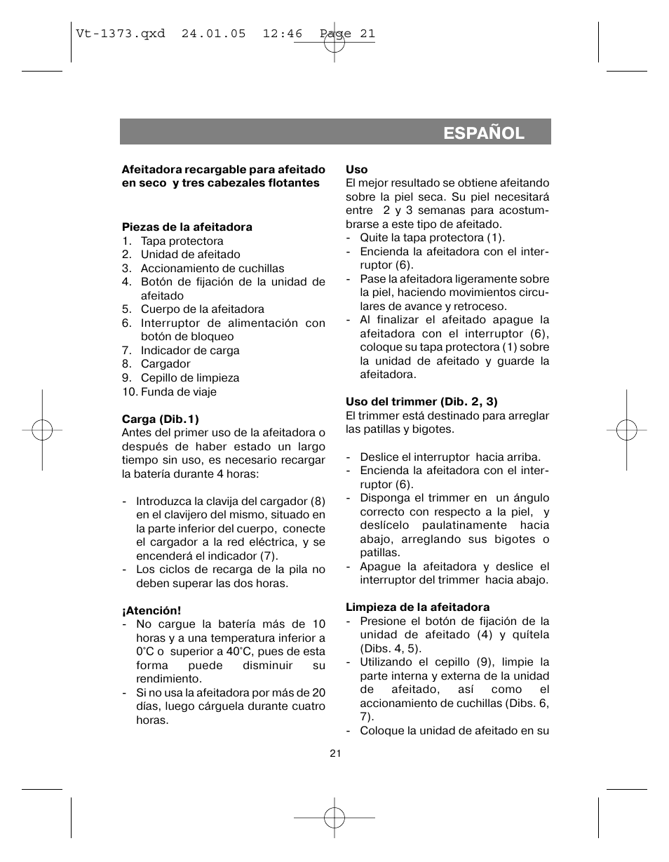 Español | Vitek VT-1373 User Manual | Page 21 / 48