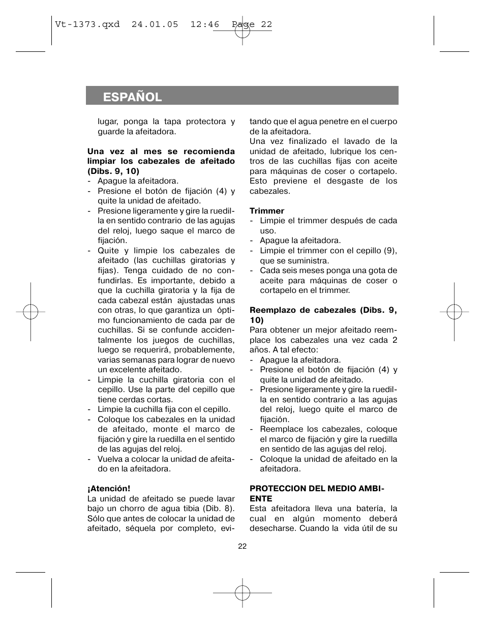Español | Vitek VT-1373 User Manual | Page 22 / 48