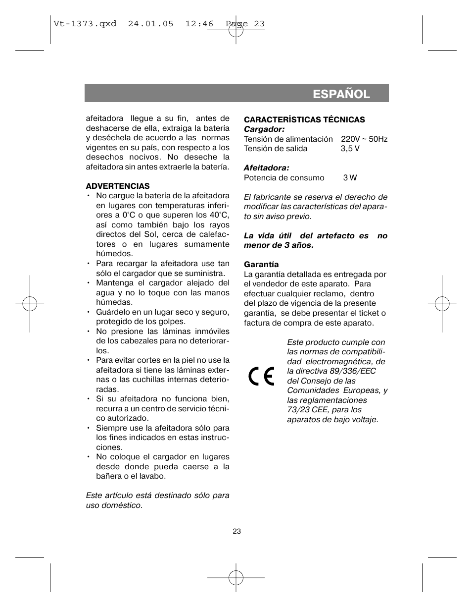 Español | Vitek VT-1373 User Manual | Page 23 / 48