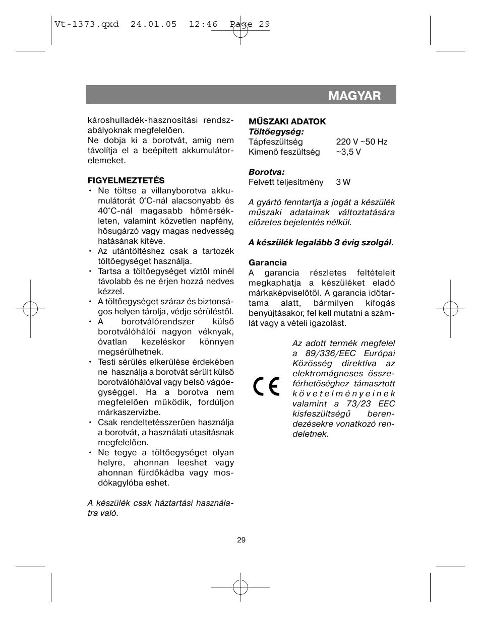 Magyar | Vitek VT-1373 User Manual | Page 29 / 48