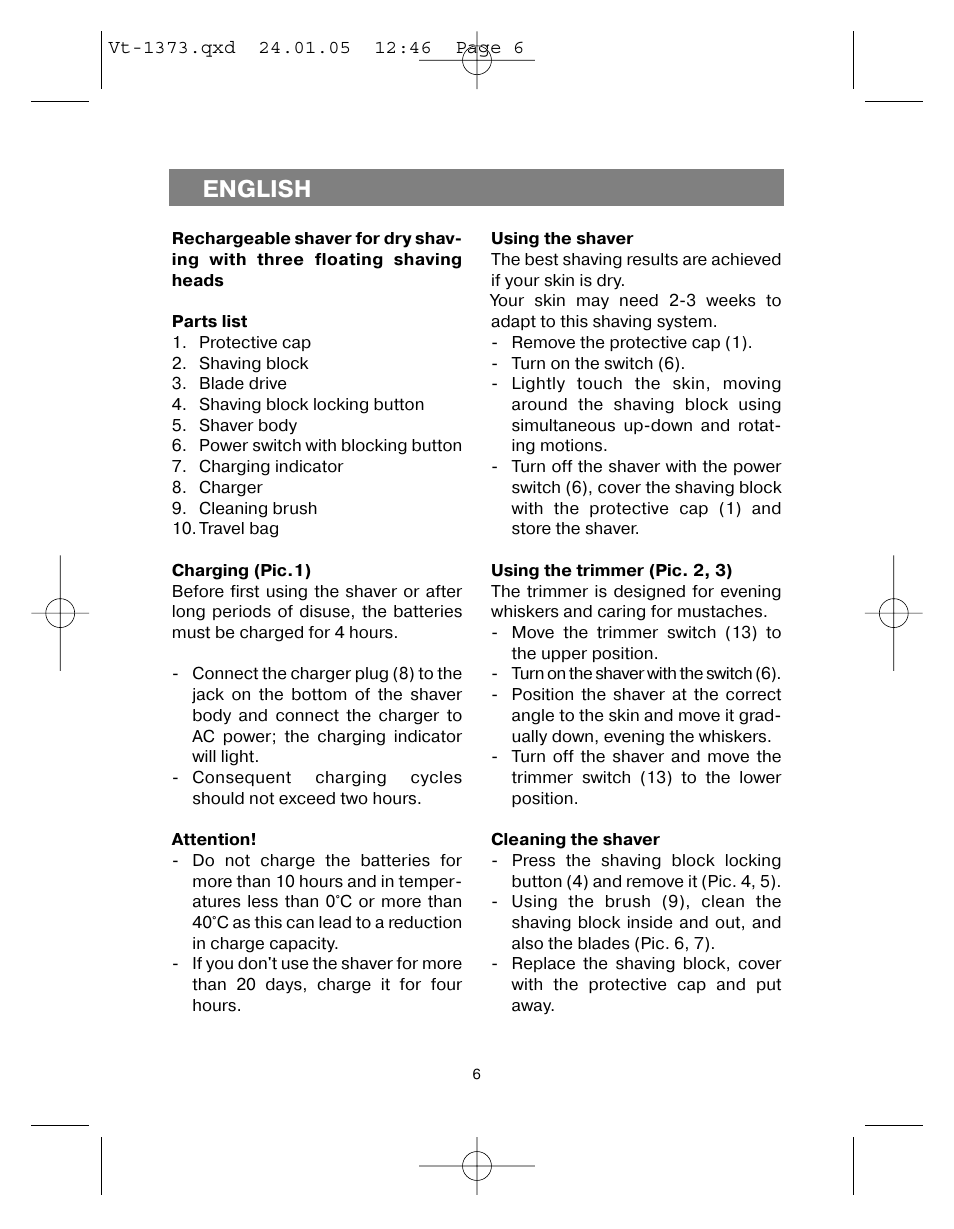 English | Vitek VT-1373 User Manual | Page 6 / 48