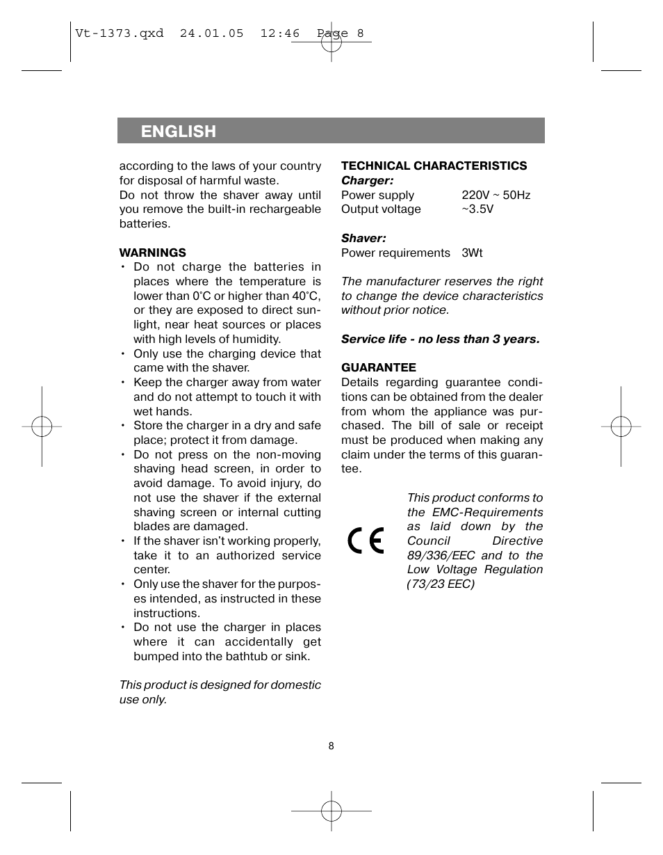 English | Vitek VT-1373 User Manual | Page 8 / 48