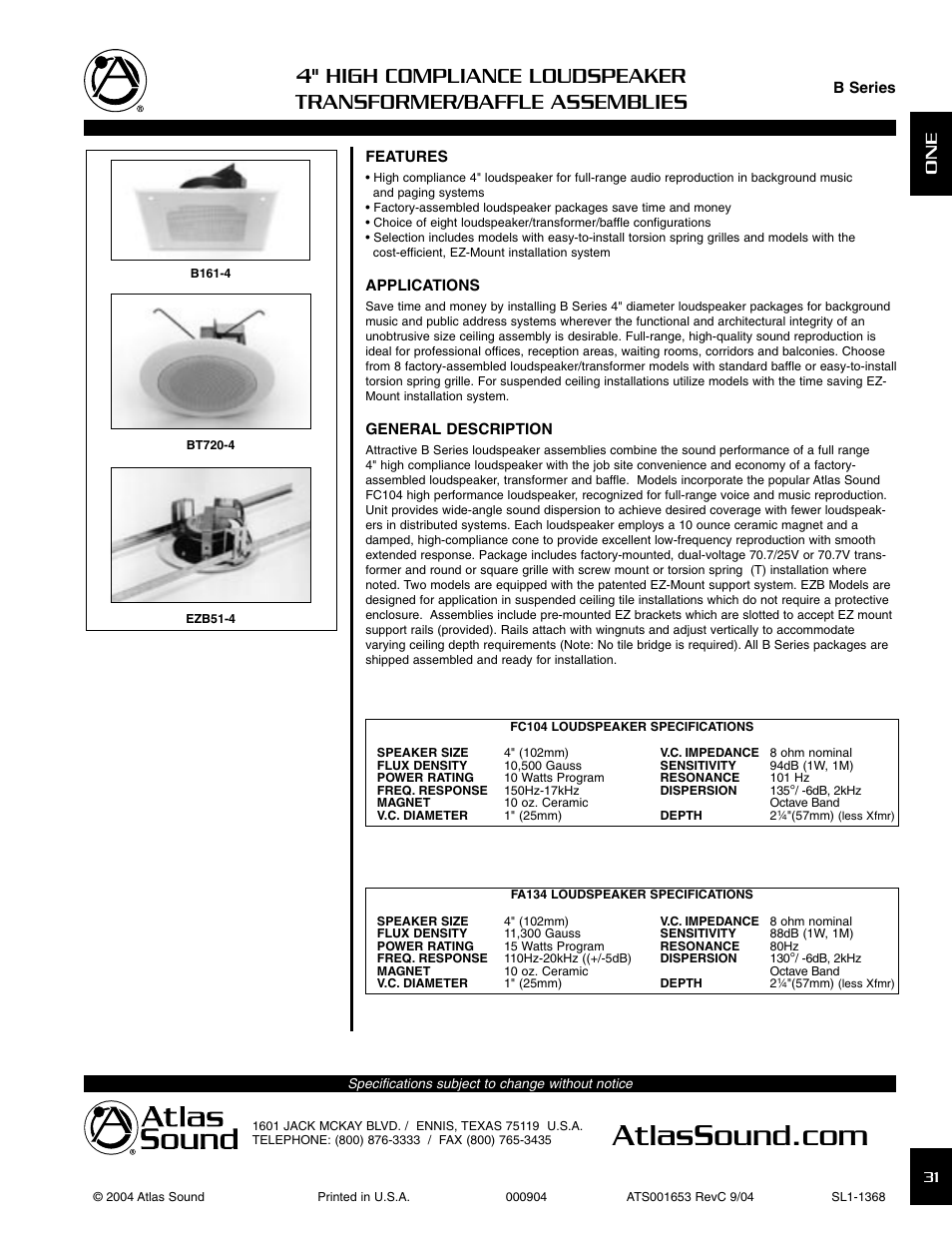 Atlas Sound B SERIES BT720-4 User Manual | 2 pages