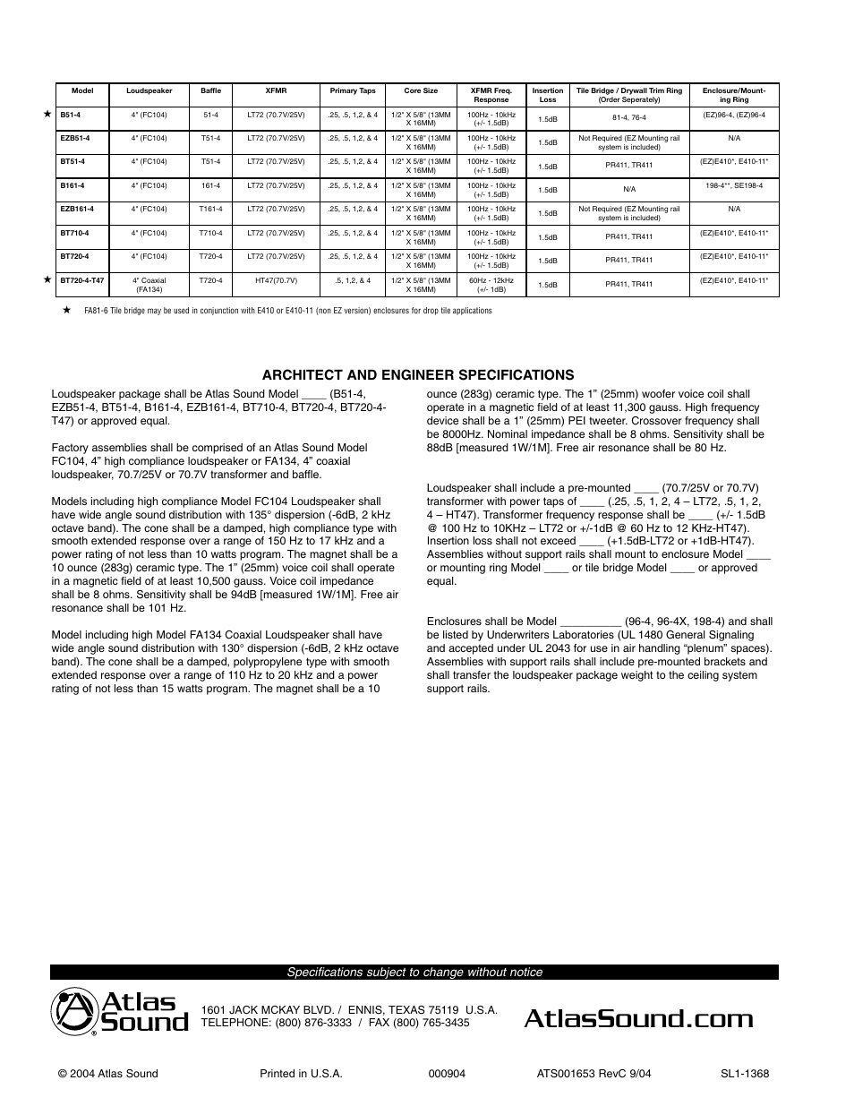 Architect and engineer specifications, Specifications subject to change without notice | Atlas Sound B SERIES BT720-4 User Manual | Page 2 / 2