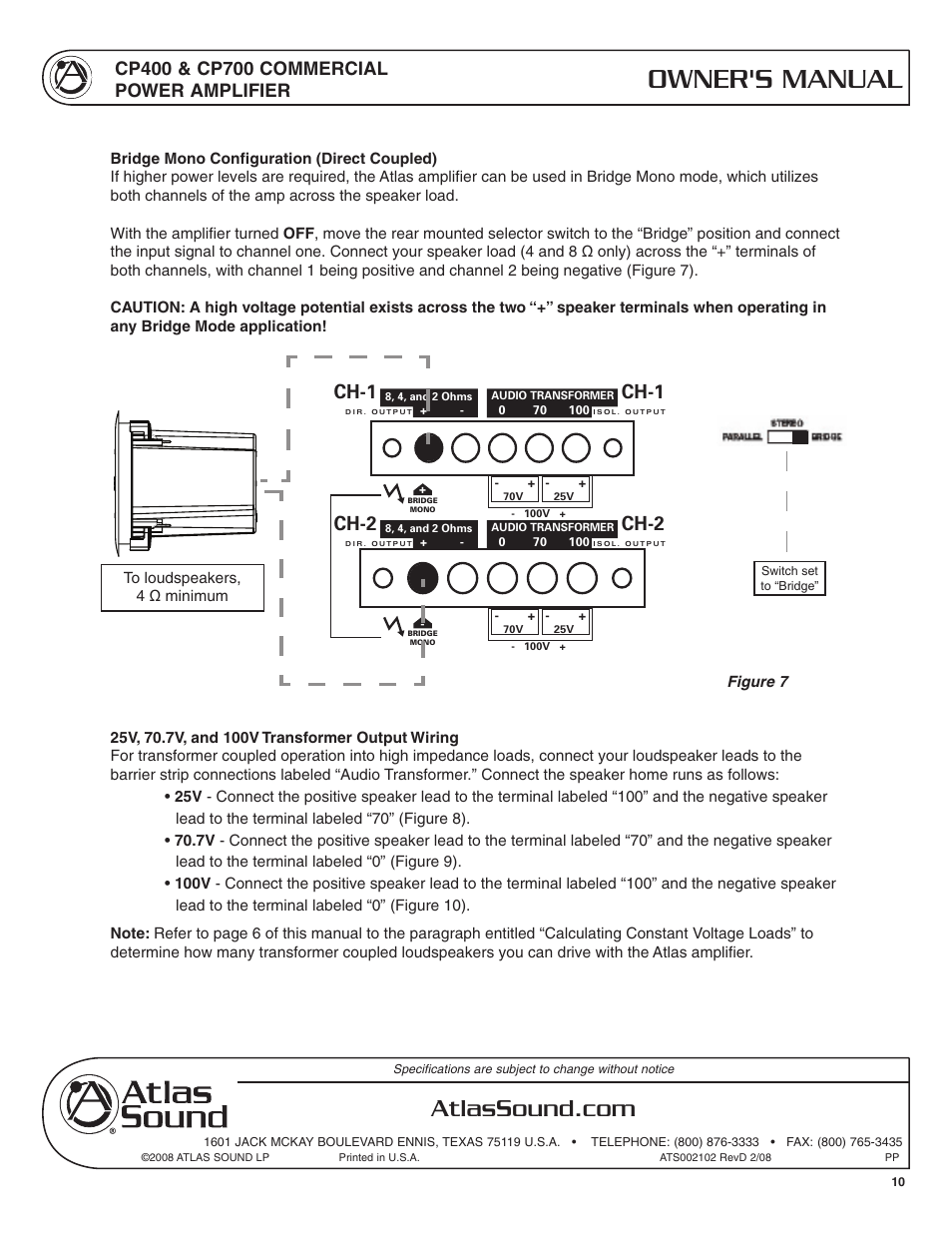 Cp700, Owner's manual, Amplifier inputs | Ch-2 ch-1, Ch-1, Ch-2, Caution | Atlas Sound CP400 User Manual | Page 10 / 16