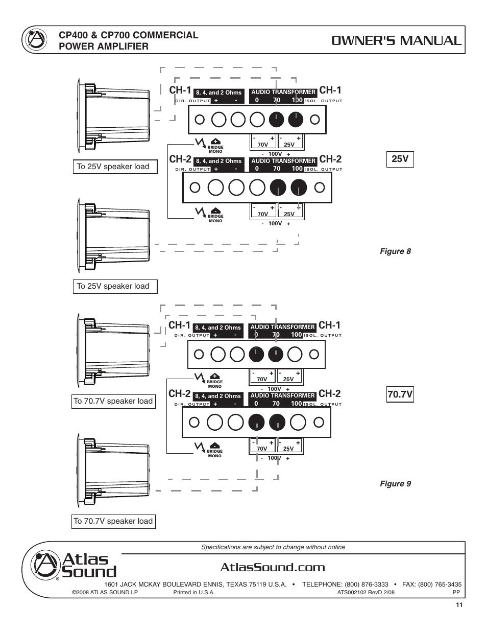 Cp700, Owner's manual, Amplifier inputs | Ch-2 ch-1, Ch-1, Ch-2, Caution | Atlas Sound CP400 User Manual | Page 11 / 16