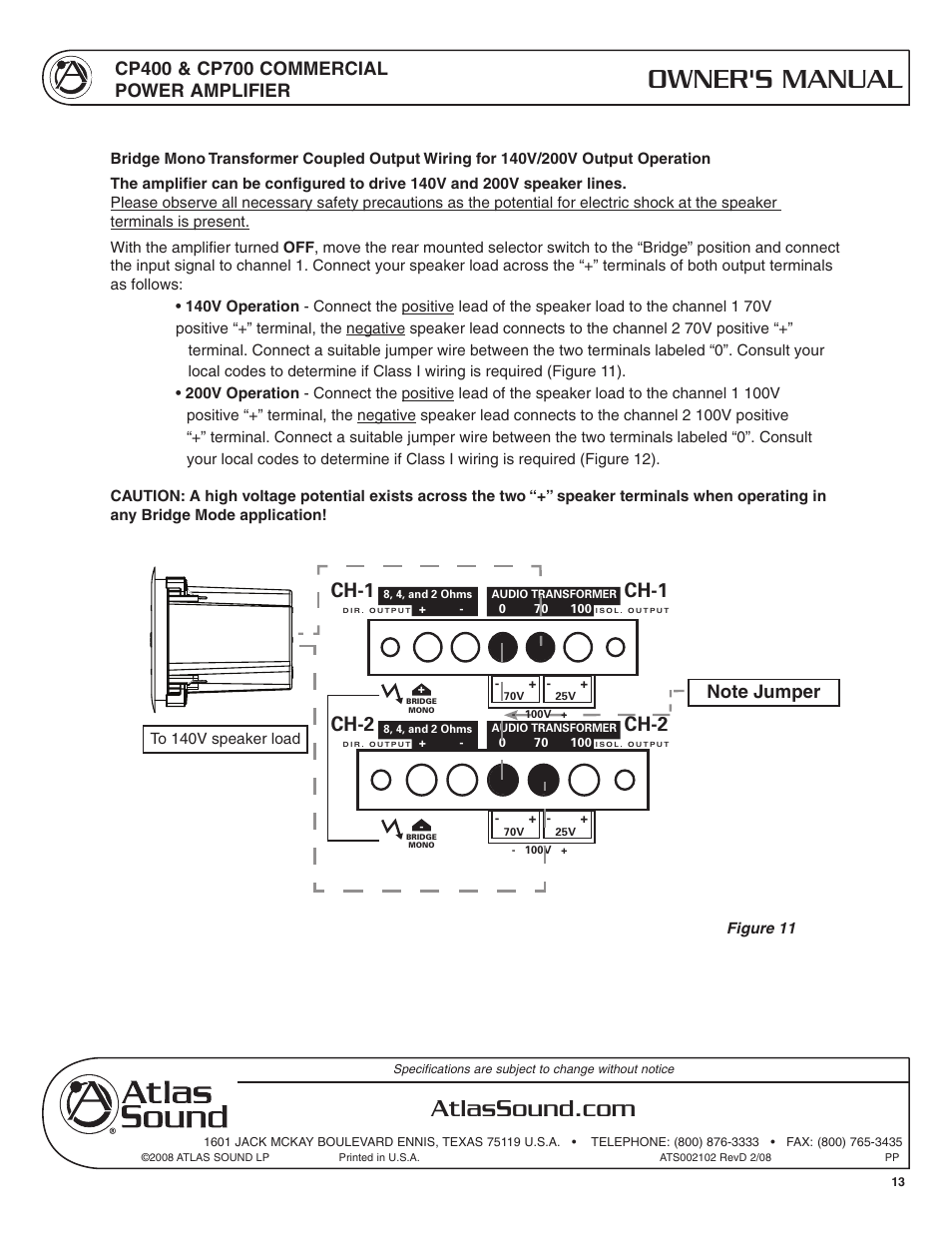 Cp700, Owner's manual, Amplifier inputs | Ch-2 ch-1, Ch-1, Ch-2, Caution | Atlas Sound CP400 User Manual | Page 13 / 16