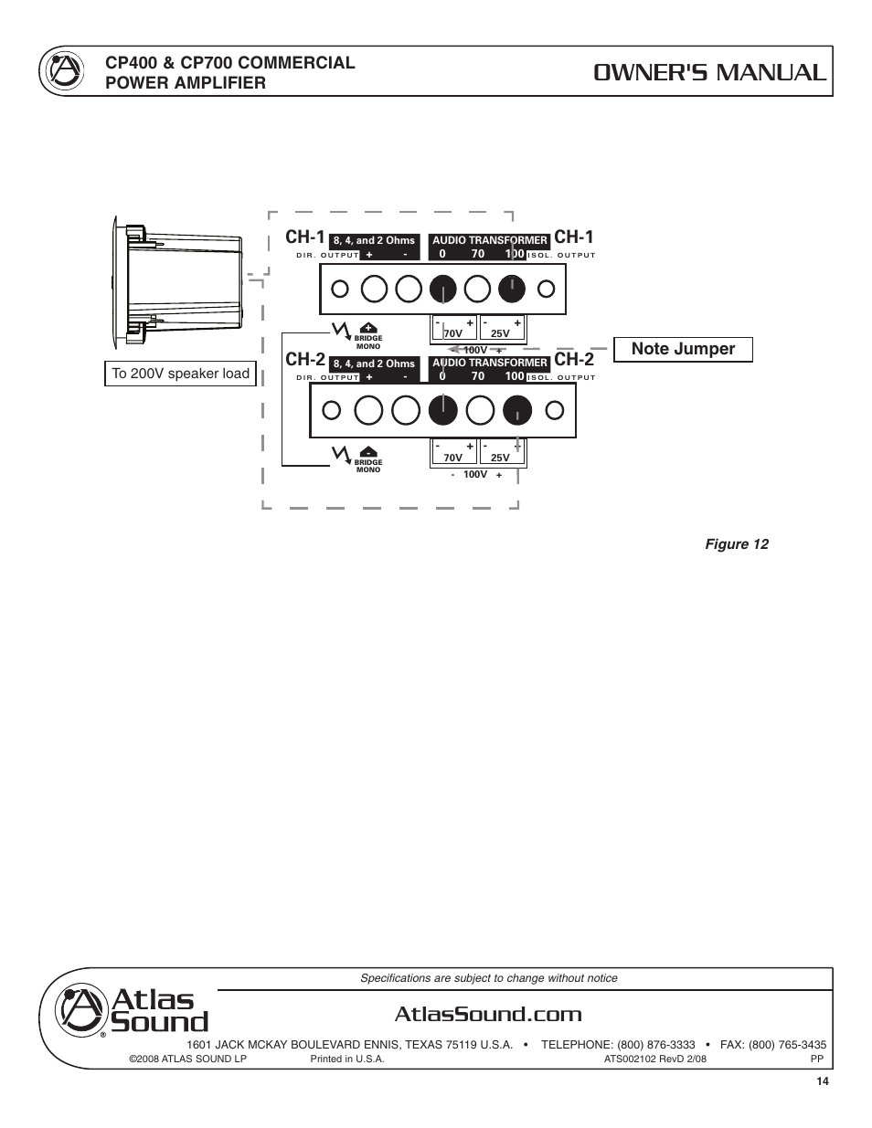 Cp700, Owner's manual, Amplifier inputs | Ch-2 ch-1, Ch-1, Ch-2, Caution | Atlas Sound CP400 User Manual | Page 14 / 16