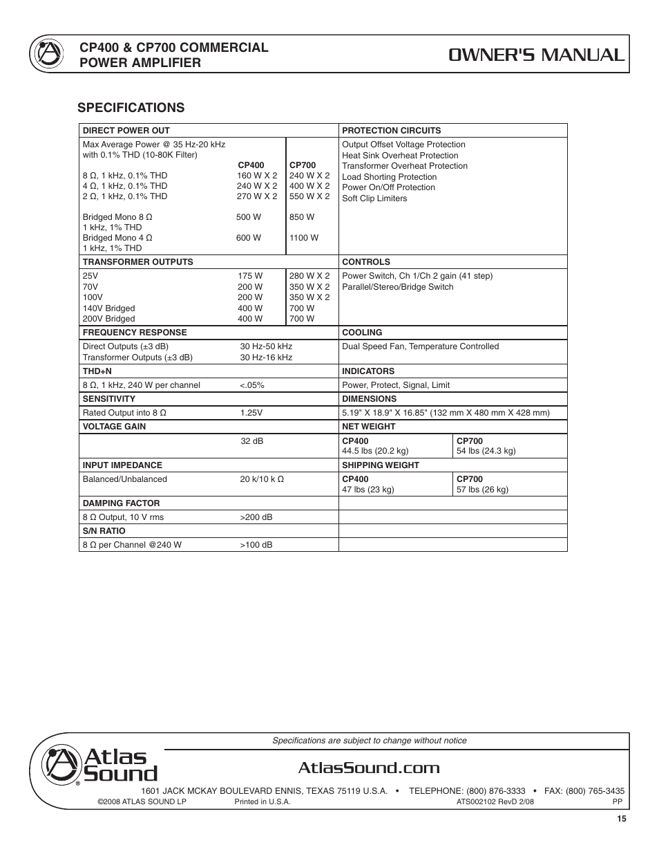 Owner's manual, Specifications | Atlas Sound CP400 User Manual | Page 15 / 16