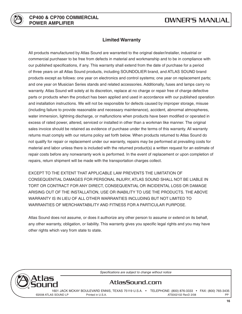 Owner's manual | Atlas Sound CP400 User Manual | Page 16 / 16