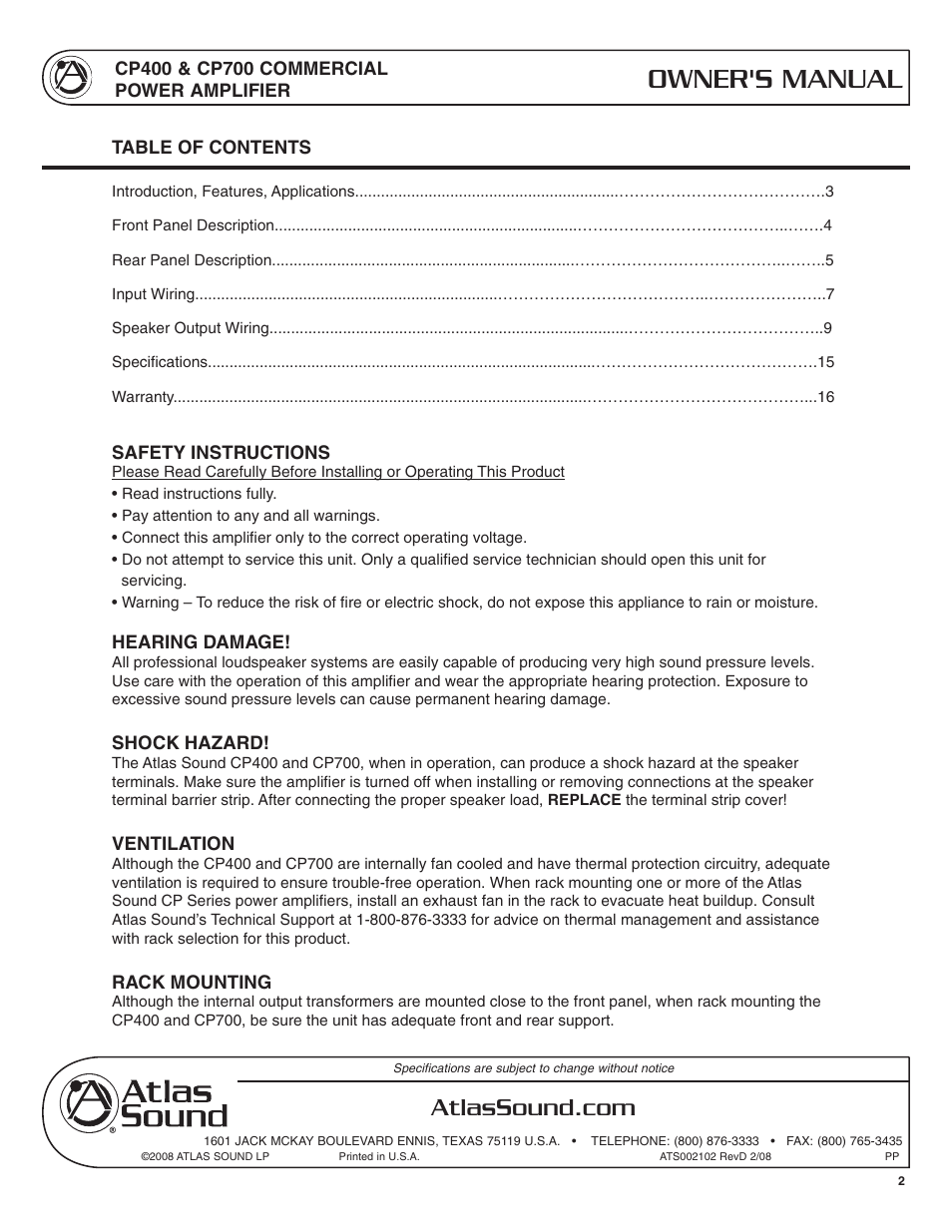 Owner's manual | Atlas Sound CP400 User Manual | Page 2 / 16