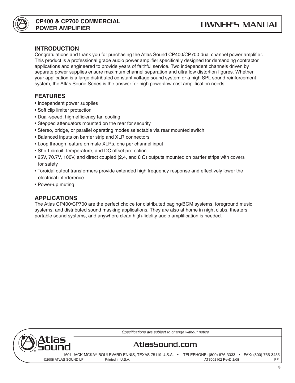 Owner's manual | Atlas Sound CP400 User Manual | Page 3 / 16