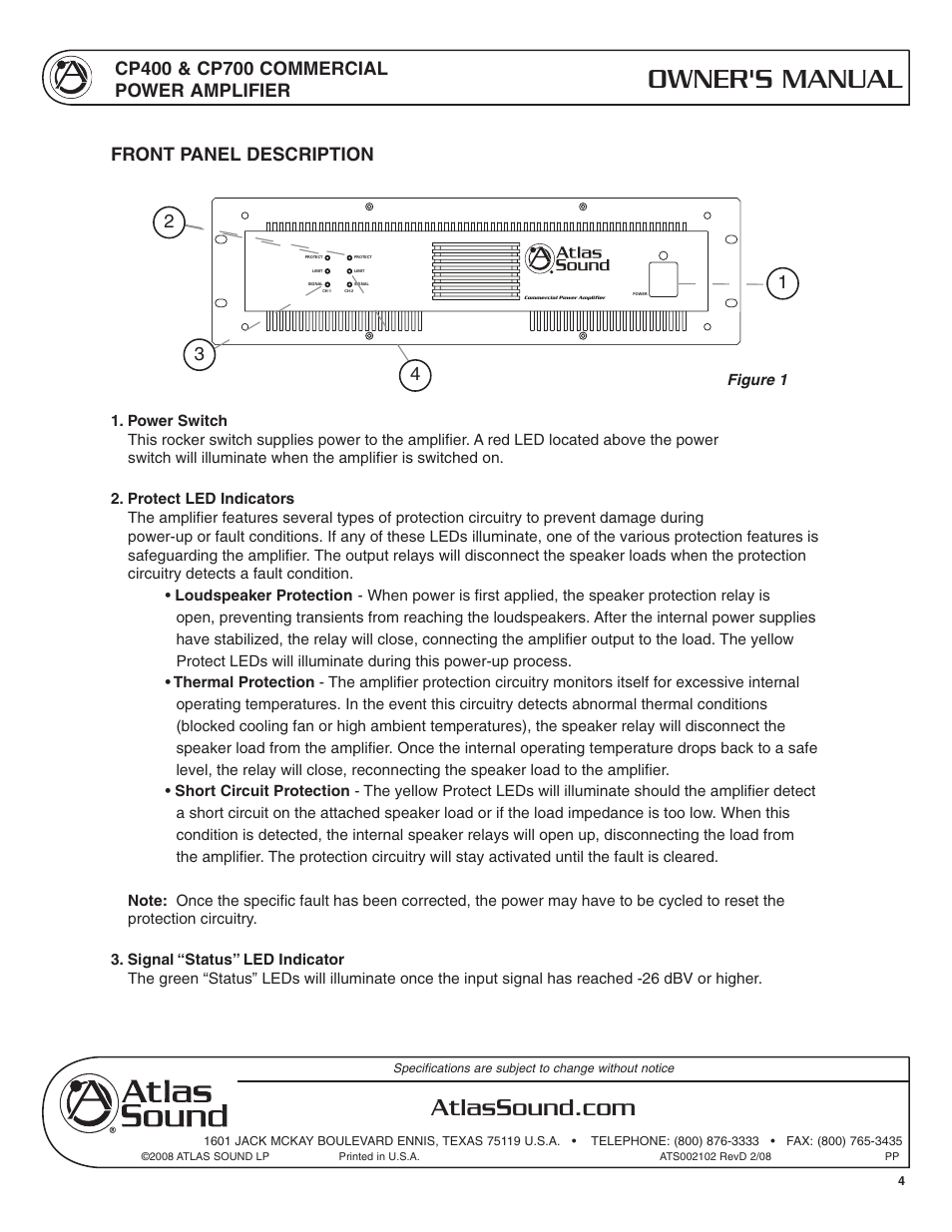 Owner's manual, Front panel description, Cp700 | Atlas Sound CP400 User Manual | Page 4 / 16