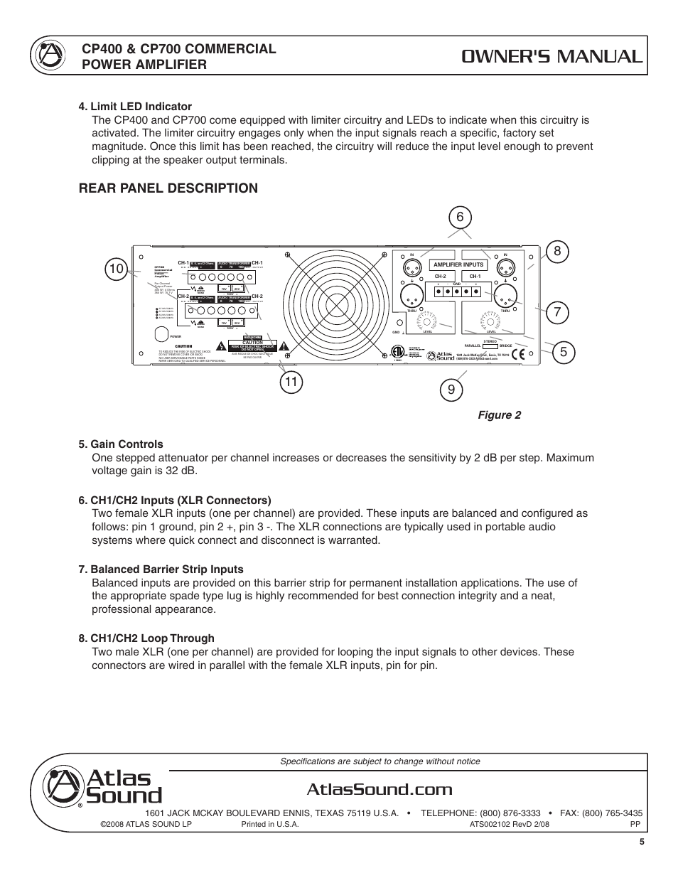 Owner's manual, Rear panel description, Cp700 | Atlas Sound CP400 User Manual | Page 5 / 16
