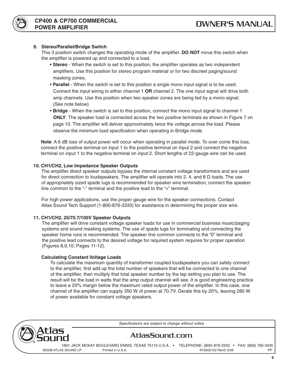 Owner's manual | Atlas Sound CP400 User Manual | Page 6 / 16