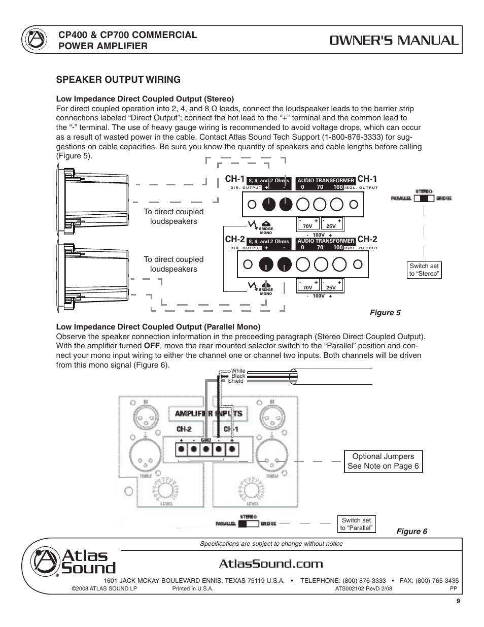 Cp700, Owner's manual, Amplifier inputs | Speaker output wiring, Ch-2 ch-1, Ch-1, Ch-2, Figure 5 figure 6, Caution | Atlas Sound CP400 User Manual | Page 9 / 16