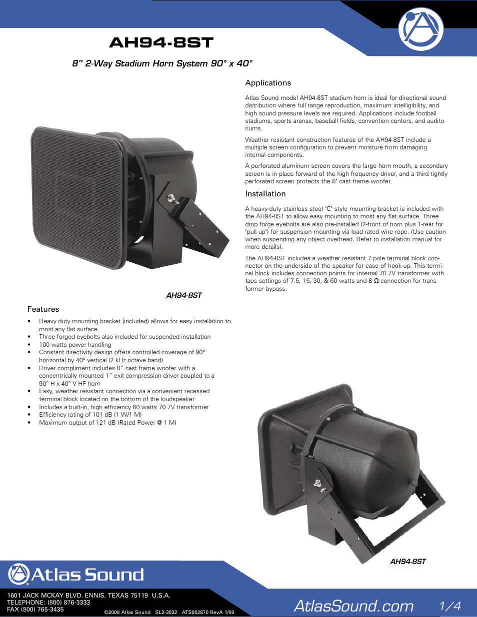 Atlas Sound 8" 2-Way Stadium Horn System AH94-8ST User Manual | 4 pages