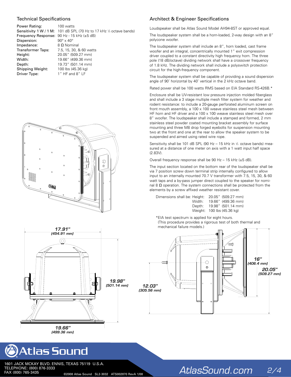 Technical speciﬁcations, Architect & engineer speciﬁcations | Atlas Sound 8" 2-Way Stadium Horn System AH94-8ST User Manual | Page 2 / 4