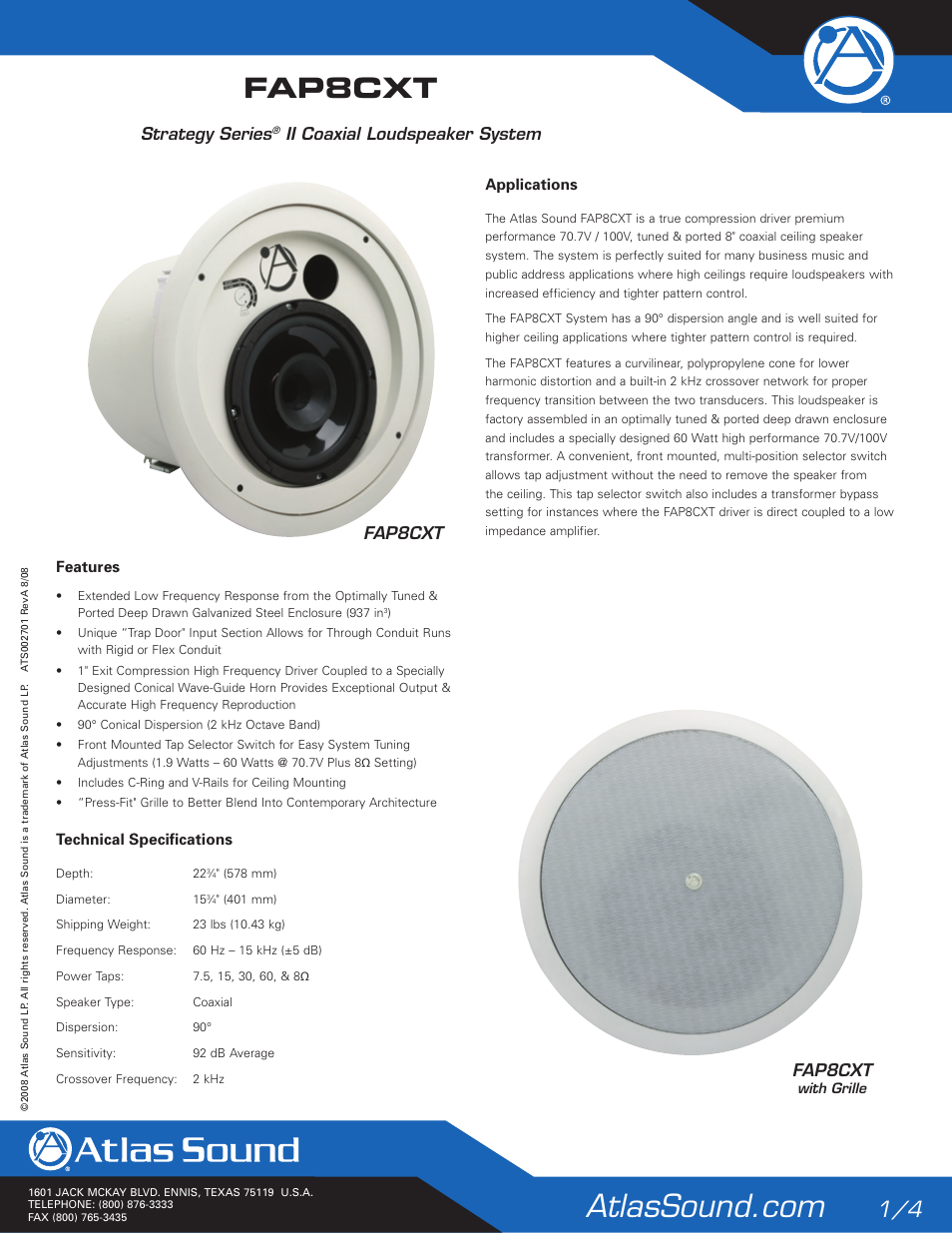 Atlas Sound FAP8CXT User Manual | 4 pages