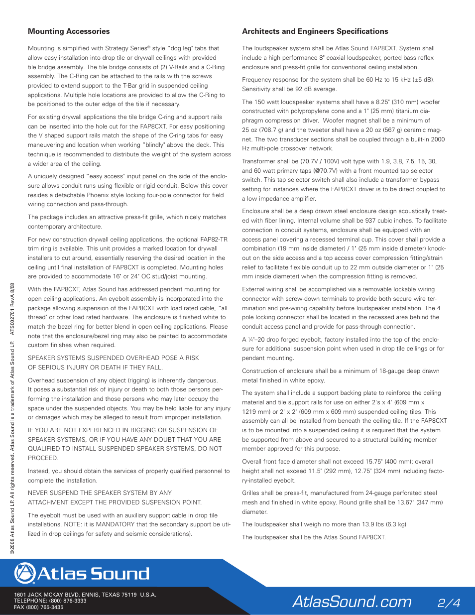 Mounting accessories, Architects and engineers specifications | Atlas Sound FAP8CXT User Manual | Page 2 / 4